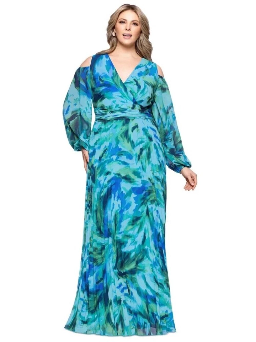 Xscape Turquoise Multi Cold-Shoulder Long Sleeve Chiffon Dress